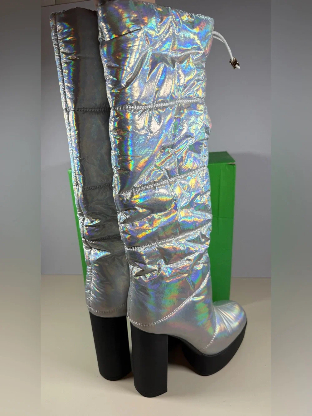Holographic Silver Knee-High Block Heel Boots - Women